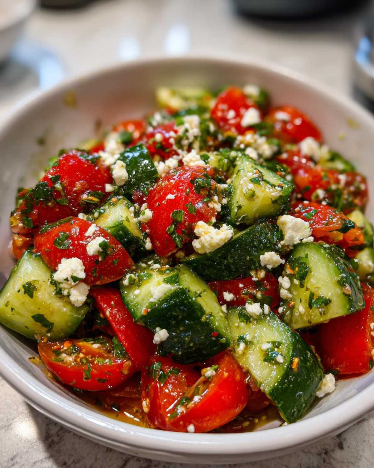 Close-up of vibrant Mediterranean Cucumber Tomato Salad with feta cheese and herbs.