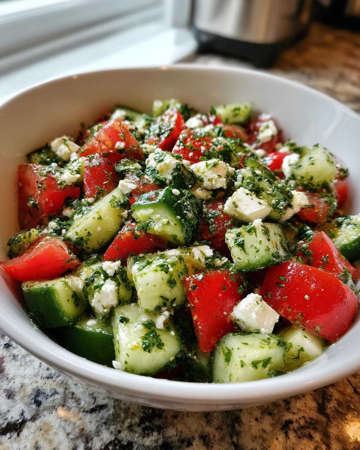 A close-up of fresh Mediterranean Cucumber Tomato Salad chunks mixed with feta cheese and herbs in a white bowl.