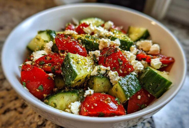 Close-up of a bowl featuring Mediterranean Cucumber Tomato Salad with chunks of cucumber, red tomato, and crumbled feta cheese.