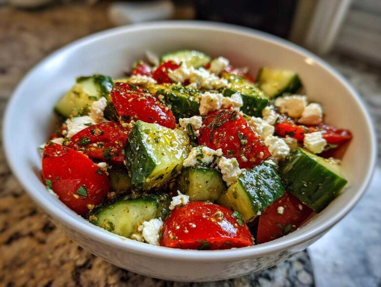 Close-up of a bowl featuring Mediterranean Cucumber Tomato Salad with chunks of cucumber, red tomato, and crumbled feta cheese.