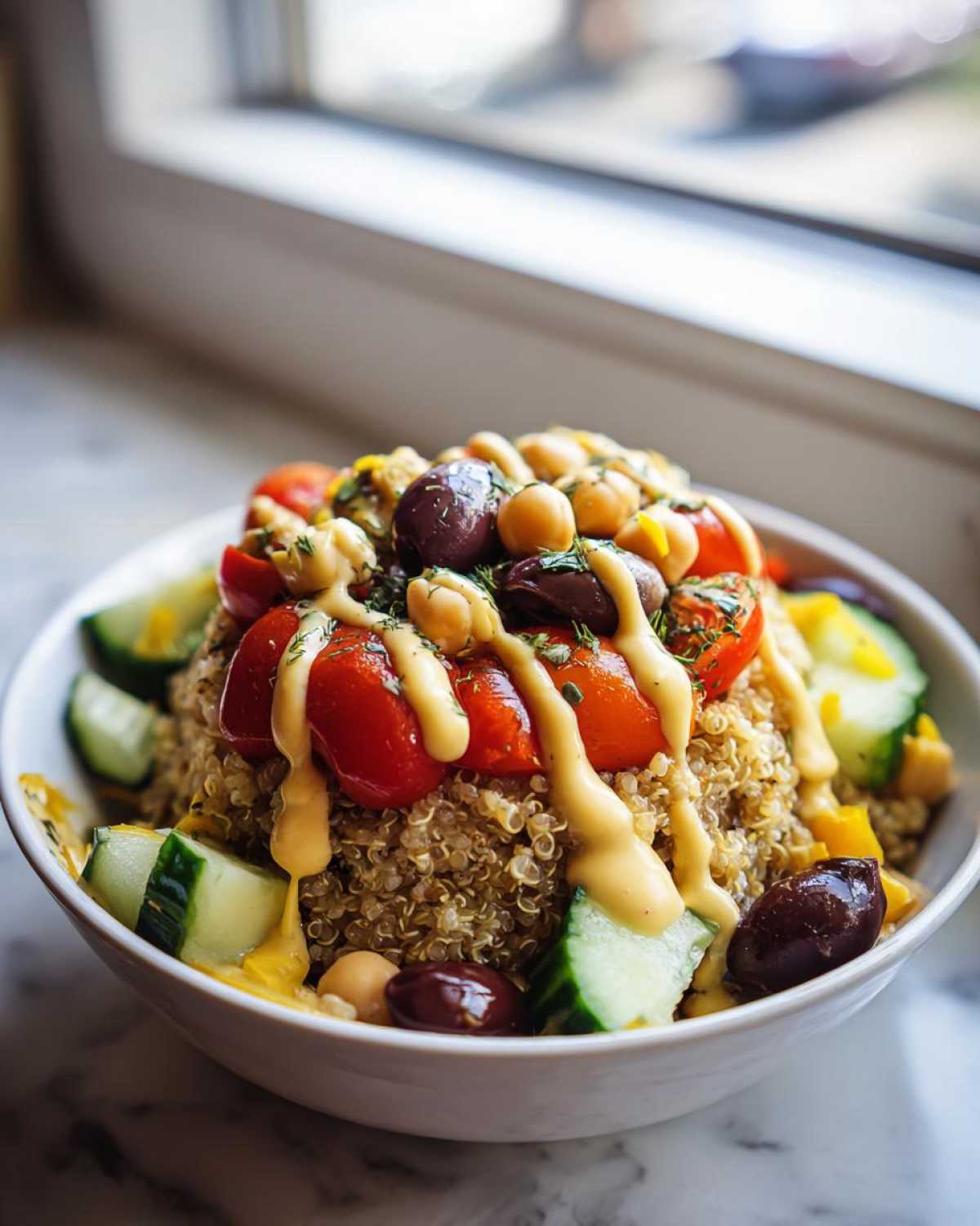 A close-up of a vibrant Mediterranean Quinoa Bowl with Lemon Tahini Sauce drizzled over quinoa, tomatoes, cucumbers, olives, and chickpeas.