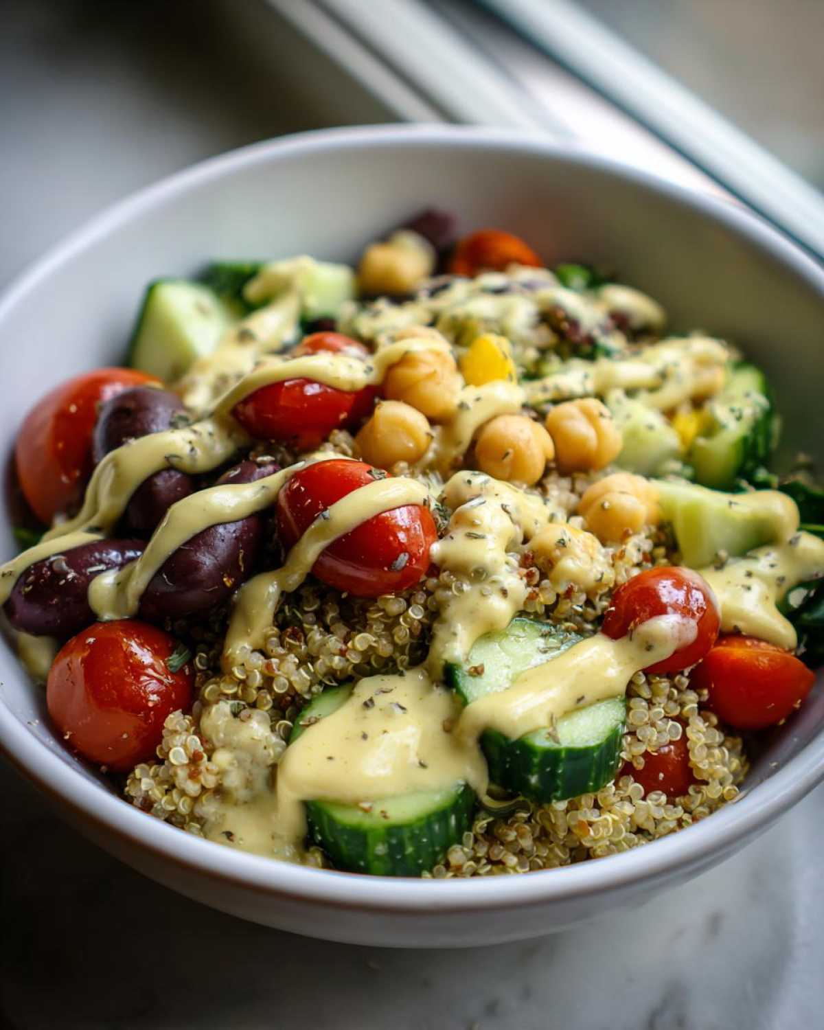Close-up of a Mediterranean Quinoa Bowl with lemon tahini sauce drizzled over quinoa, chickpeas, cherry tomatoes, cucumbers, and olives.
