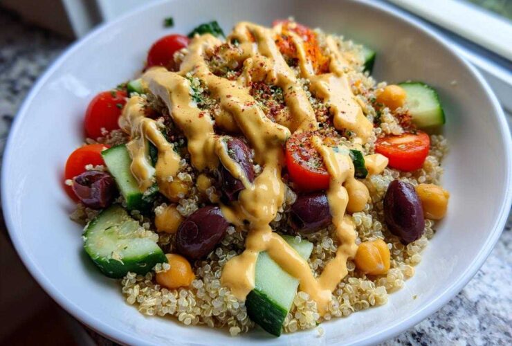 A vibrant Mediterranean Quinoa Bowl featuring quinoa, cucumbers, tomatoes, olives, chickpeas, and a generous drizzle of lemon tahini sauce.