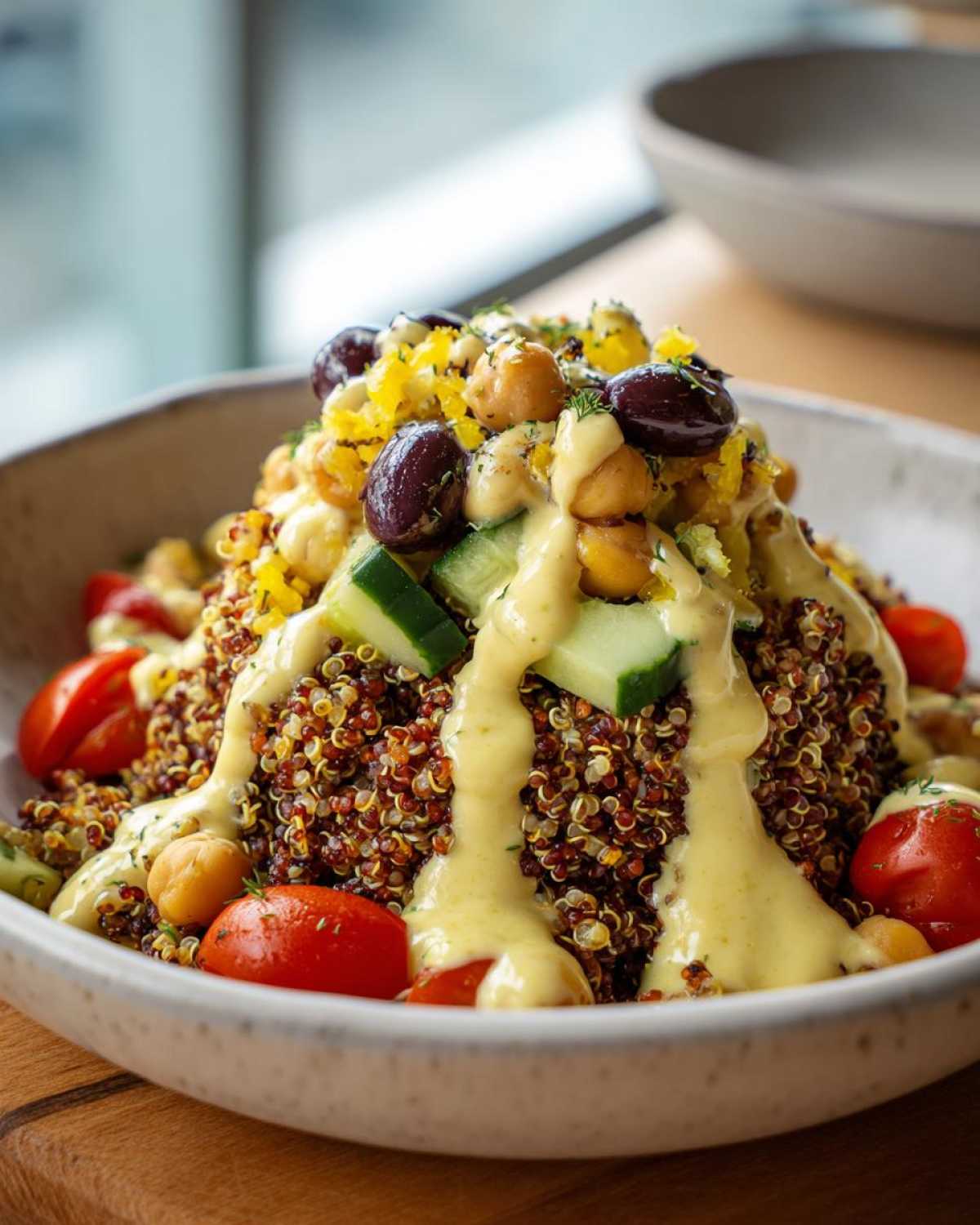 Close-up of a vibrant Mediterranean Quinoa Bowl with red quinoa, chickpeas, olives, tomatoes, and drizzled with lemon tahini sauce.