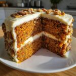 Close-up of a slice removed from a Moist Carrot Cake with Cream Cheese Frosting, topped with walnuts.