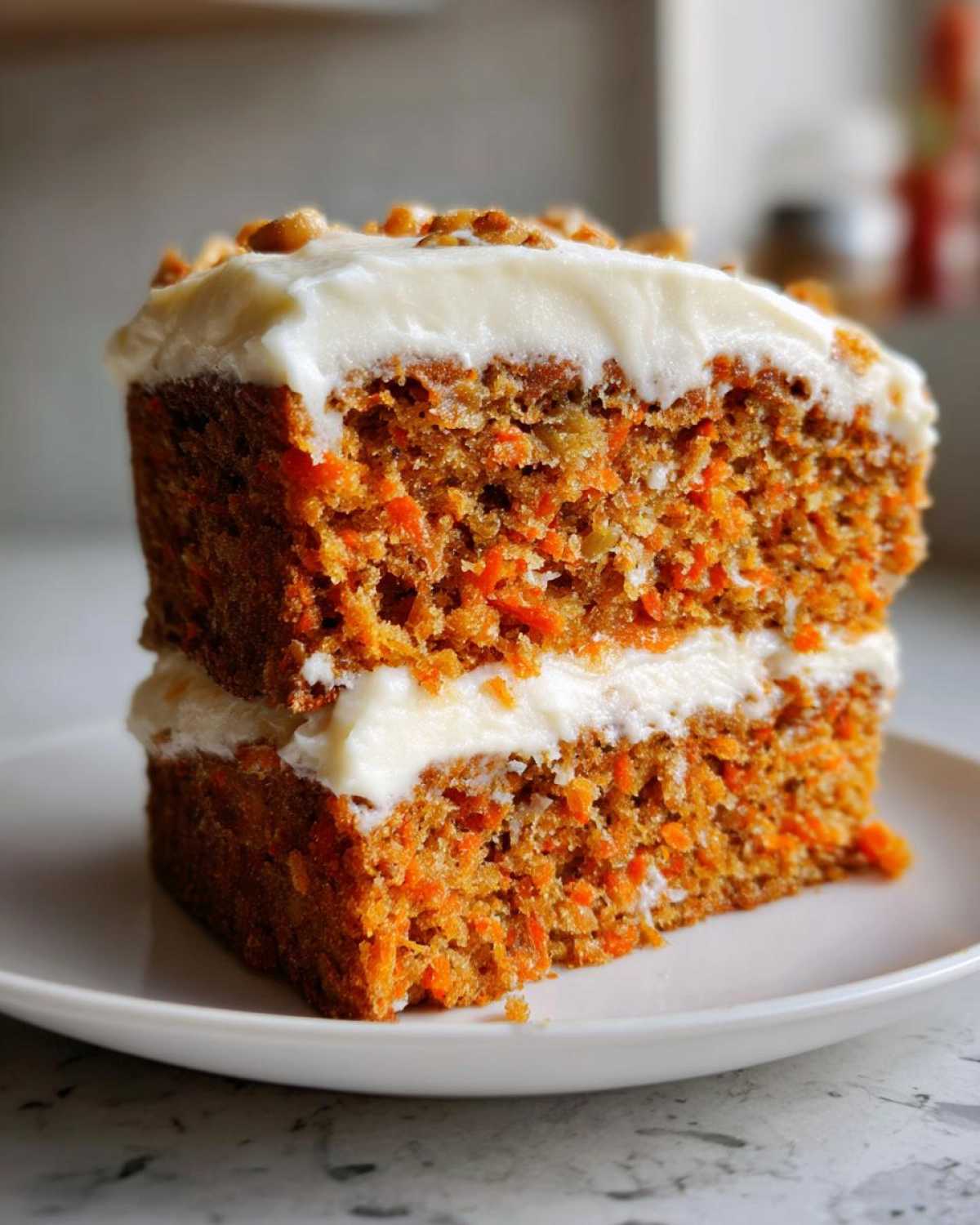 Close-up of a thick slice of Moist Carrot Cake with Cream Cheese Frosting, showing shredded carrots in the layers.