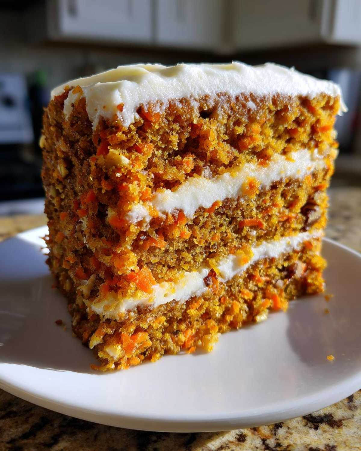 Close-up of a tall slice of Moist Carrot Cake with Cream Cheese Frosting showing three layers.