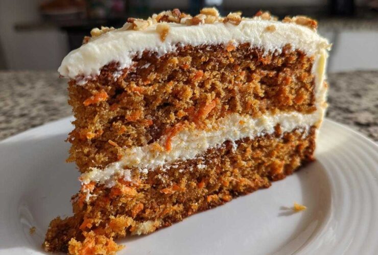 A thick slice of Moist Carrot Cake with Cream Cheese Frosting, showing two cake layers and nuts on top.