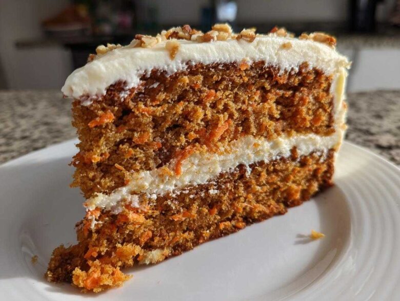 A thick slice of Moist Carrot Cake with Cream Cheese Frosting, showing two cake layers and nuts on top.