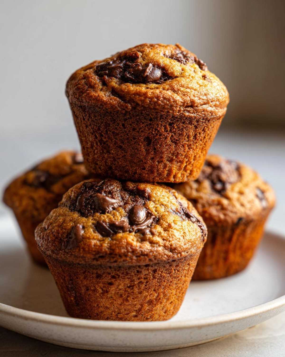 A close-up stack of three moist Chocolate Chip Banana Muffins topped with melted chocolate chips.