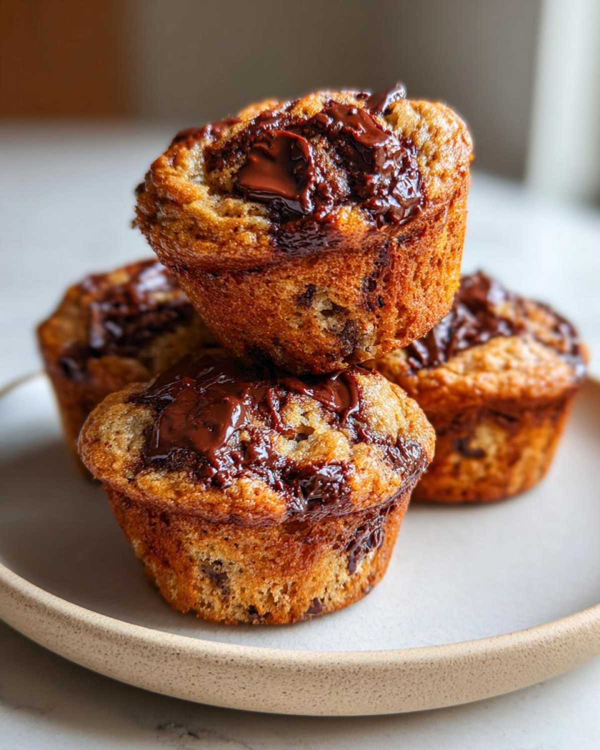 Close-up of three moist Chocolate Chip Banana Muffins stacked, topped with melted chocolate chunks.