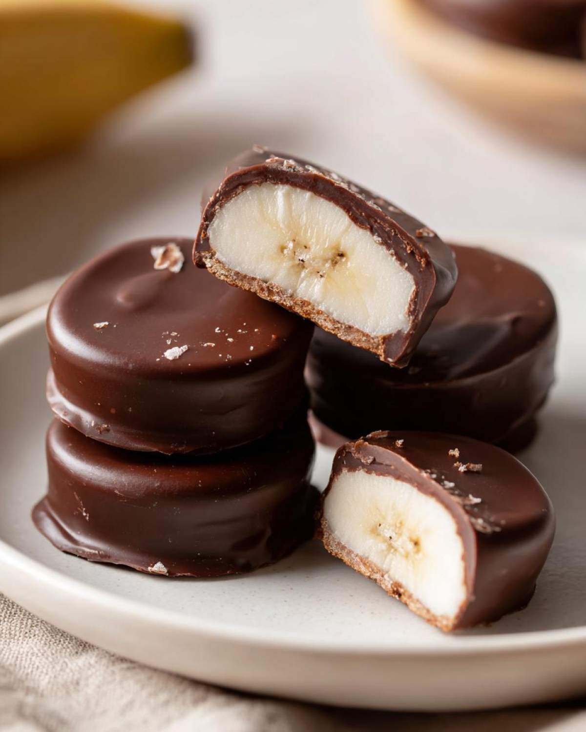 Close-up of No-Bake Chocolate Covered Banana Bites, showing a stack with two cut in half revealing the creamy banana center.