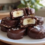 A stack of No-Bake Chocolate Covered Banana Bites, one cut in half showing the banana center, sprinkled with sea salt.
