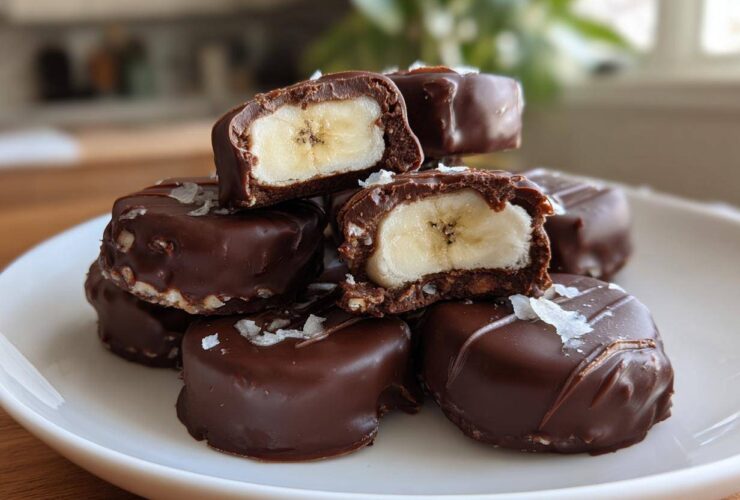 A stack of No-Bake Chocolate Covered Banana Bites, one cut in half showing the banana center, sprinkled with sea salt.