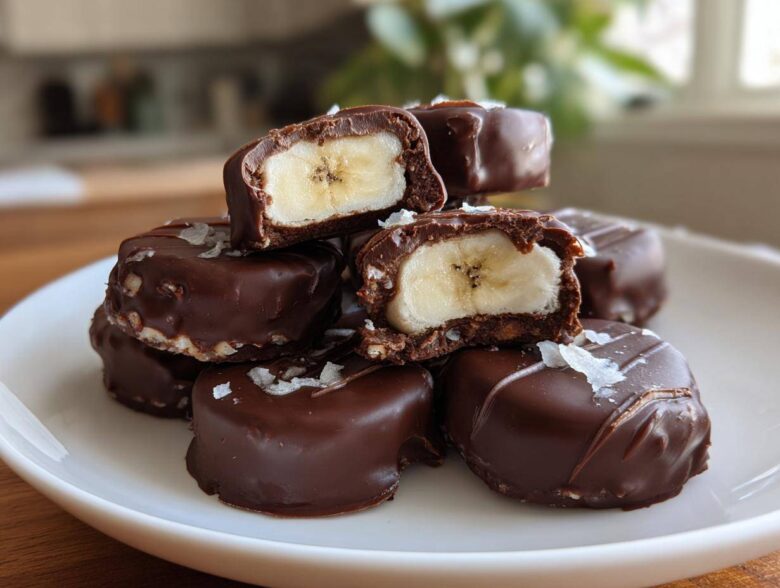 A stack of No-Bake Chocolate Covered Banana Bites, one cut in half showing the banana center, sprinkled with sea salt.