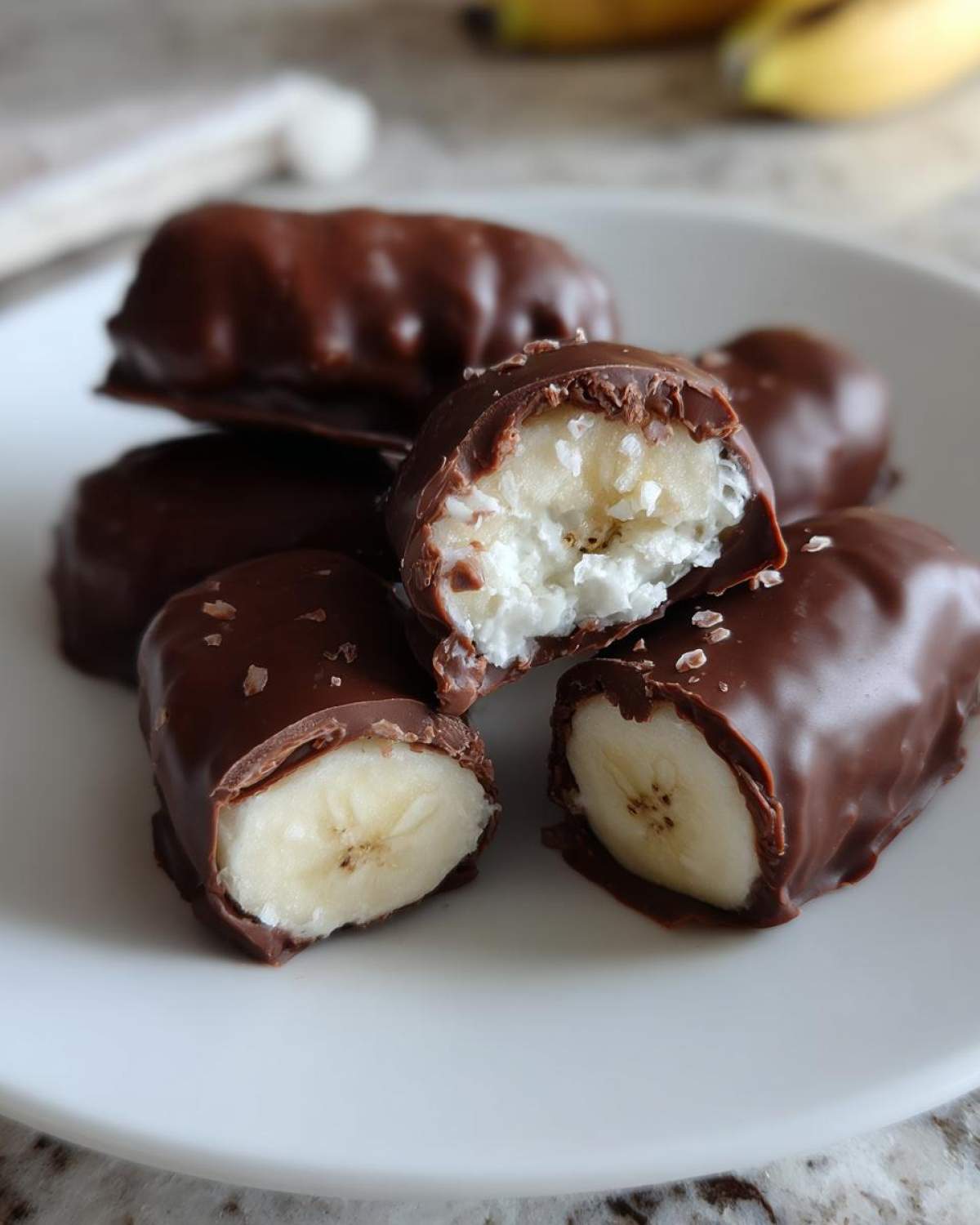 Several No-Bake Chocolate Covered Banana Bites stacked on a white plate, one is cut open showing banana and coconut filling.