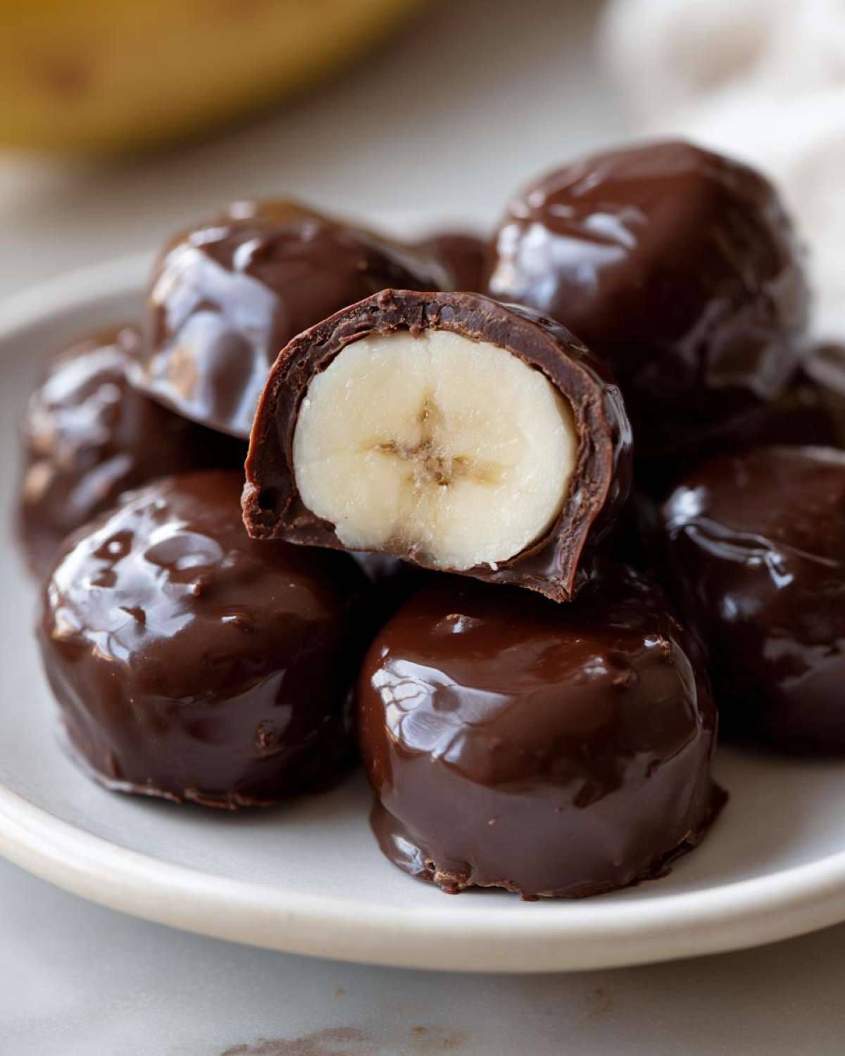 A stack of shiny No-Bake Chocolate Covered Banana Bites, with one cut in half showing the fresh banana center.