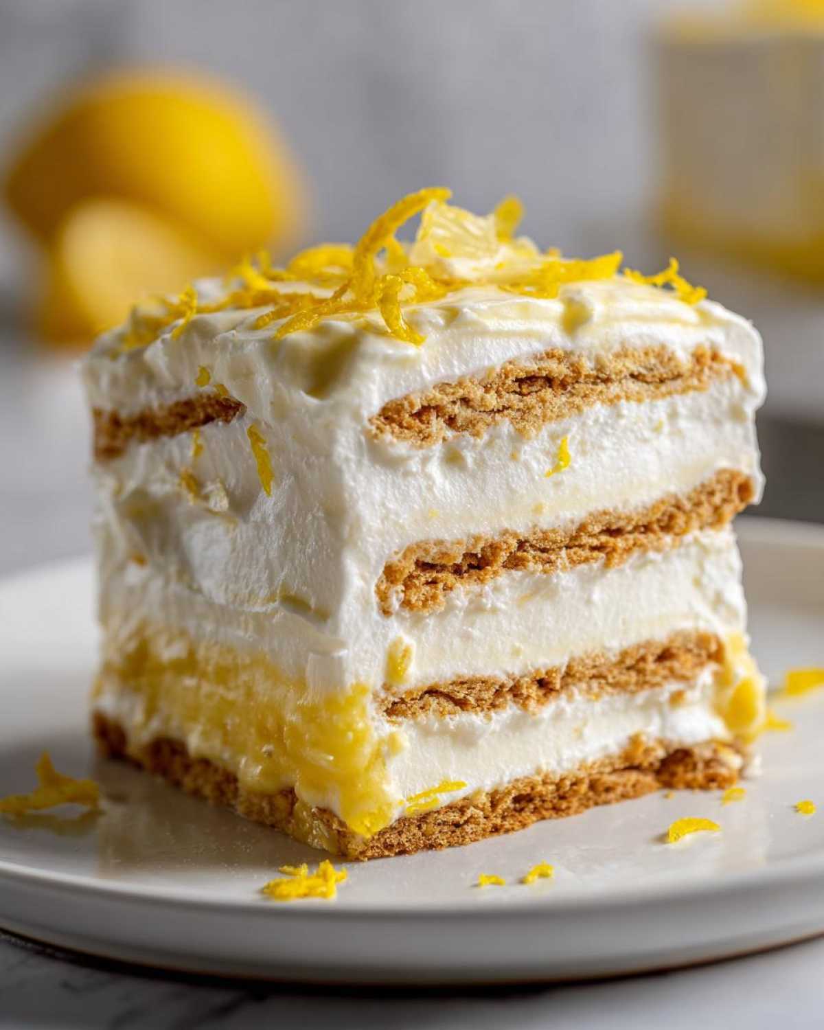 A square slice of No-Bake Lemon Icebox Cake showing layers of graham crackers and creamy filling, topped with lemon zest.