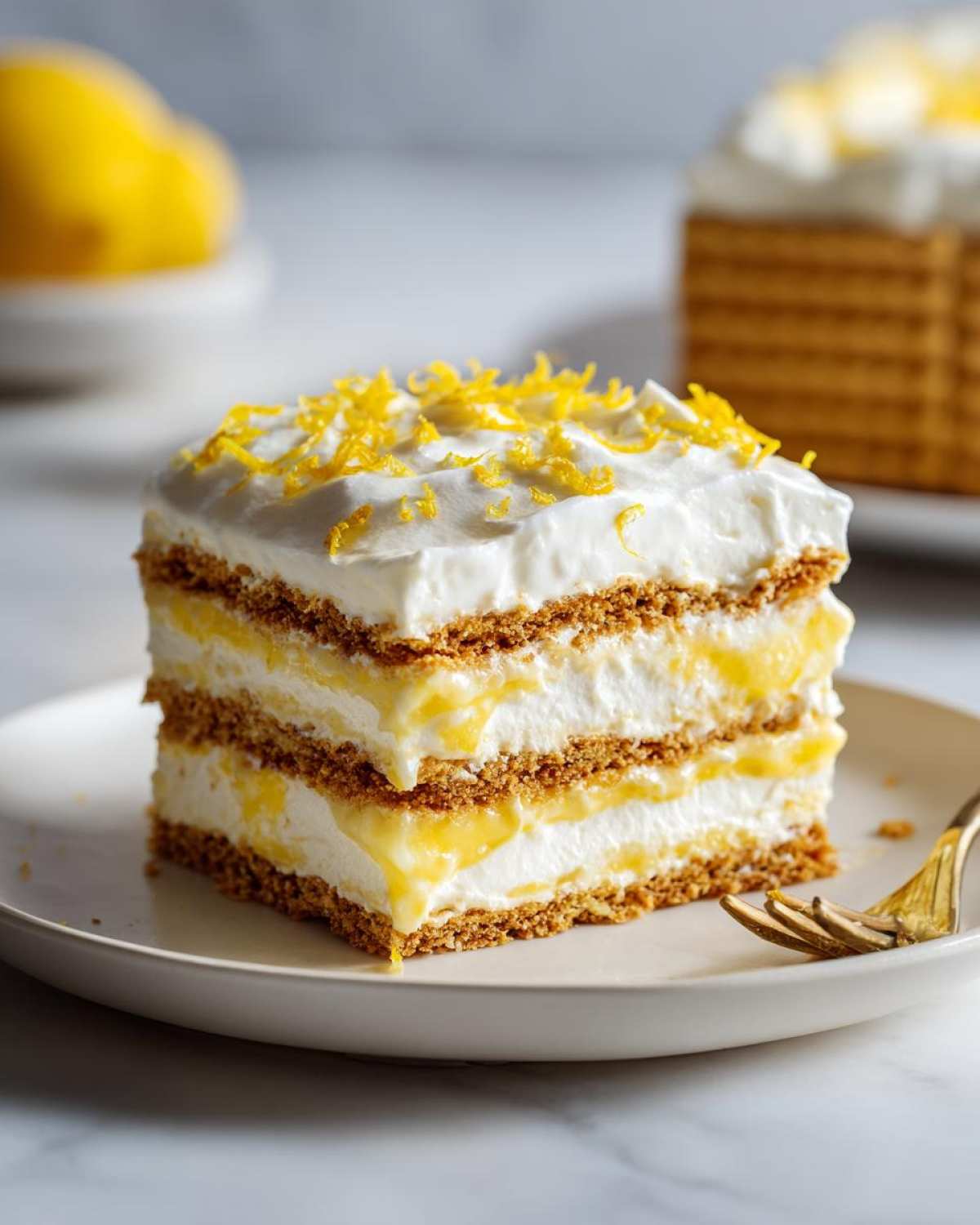 A perfect square slice of No-Bake Lemon Icebox Cake layered with cream and lemon filling, topped with zest.