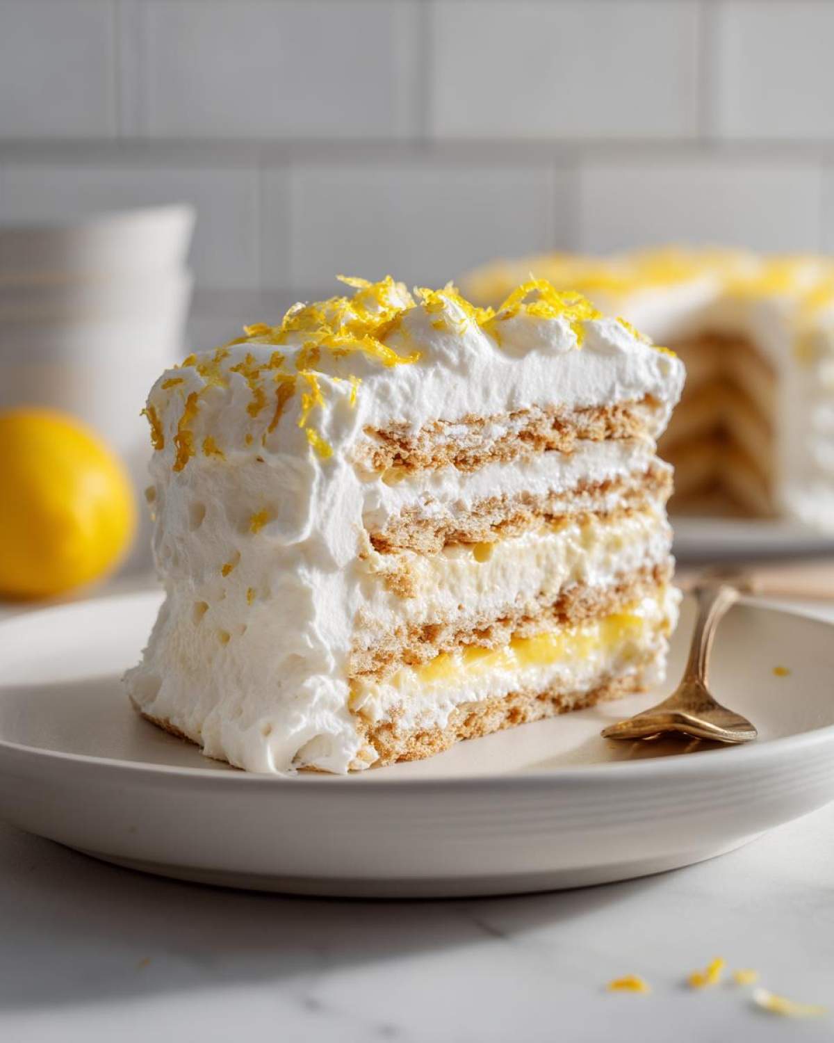 A tall slice of No-Bake Lemon Icebox Cake showing layers of graham crackers, cream, and lemon filling, topped with whipped cream and zest.