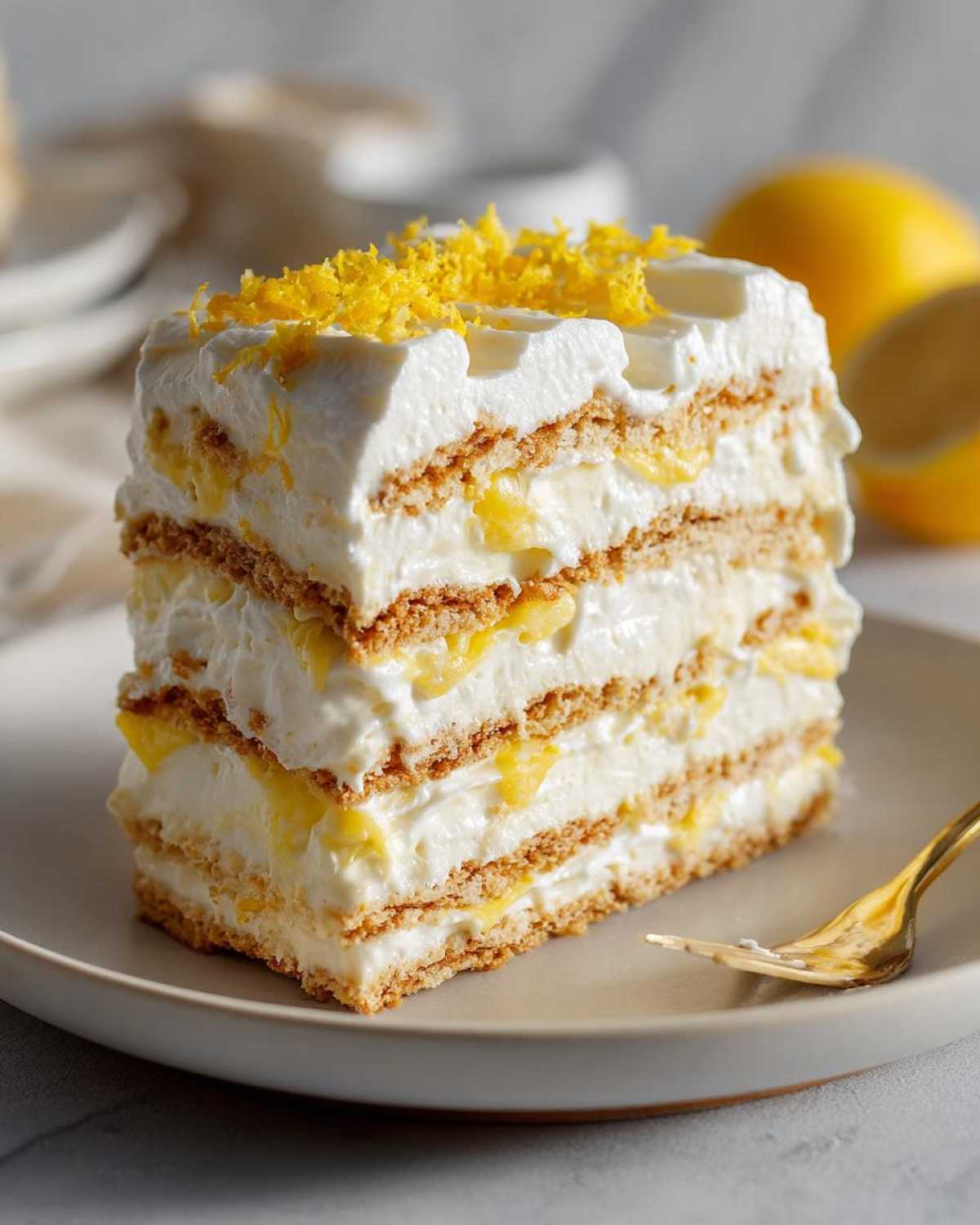 A tall slice of No-Bake Lemon Icebox Cake showing layers of cream and graham crackers, topped with lemon zest.