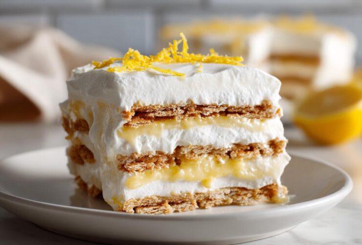 A tall slice of No-Bake Lemon Icebox Cake featuring layers of graham crackers, lemon filling, and whipped topping, garnished with zest.