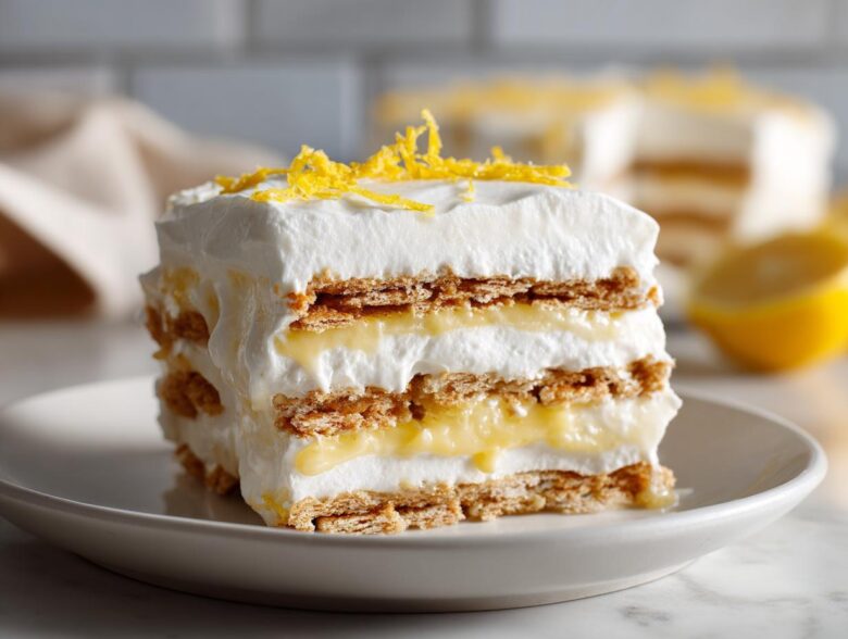A tall slice of No-Bake Lemon Icebox Cake featuring layers of graham crackers, lemon filling, and whipped topping, garnished with zest.