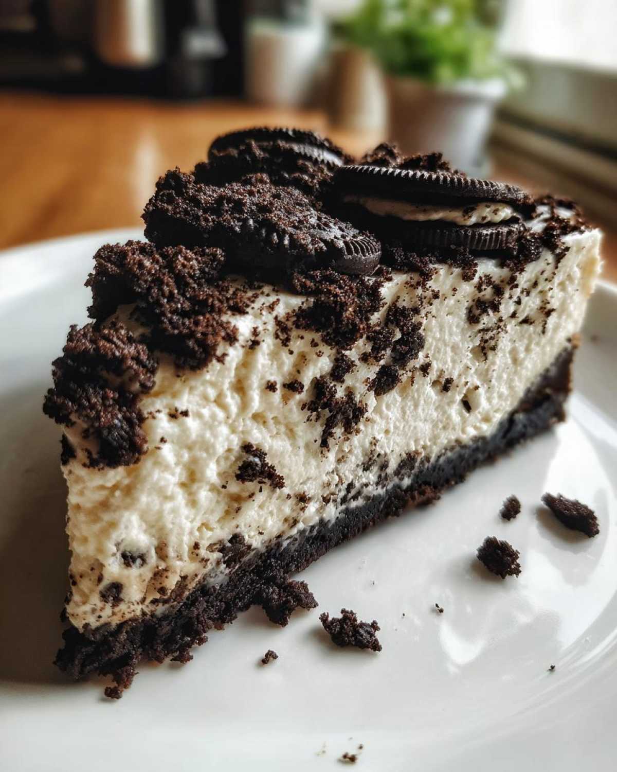 A perfect slice of No-Bake Oreo Cheesecake with a creamy white filling and dark chocolate cookie crust and topping.