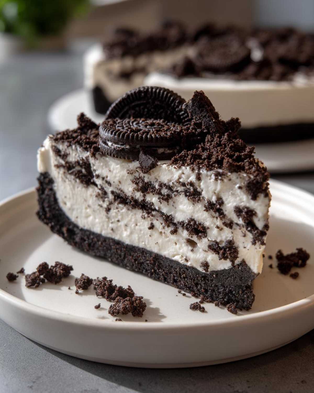 A perfect slice of No-Bake Oreo Cheesecake with a thick Oreo crust, creamy filling, and topped with cookie crumbs and a whole Oreo.