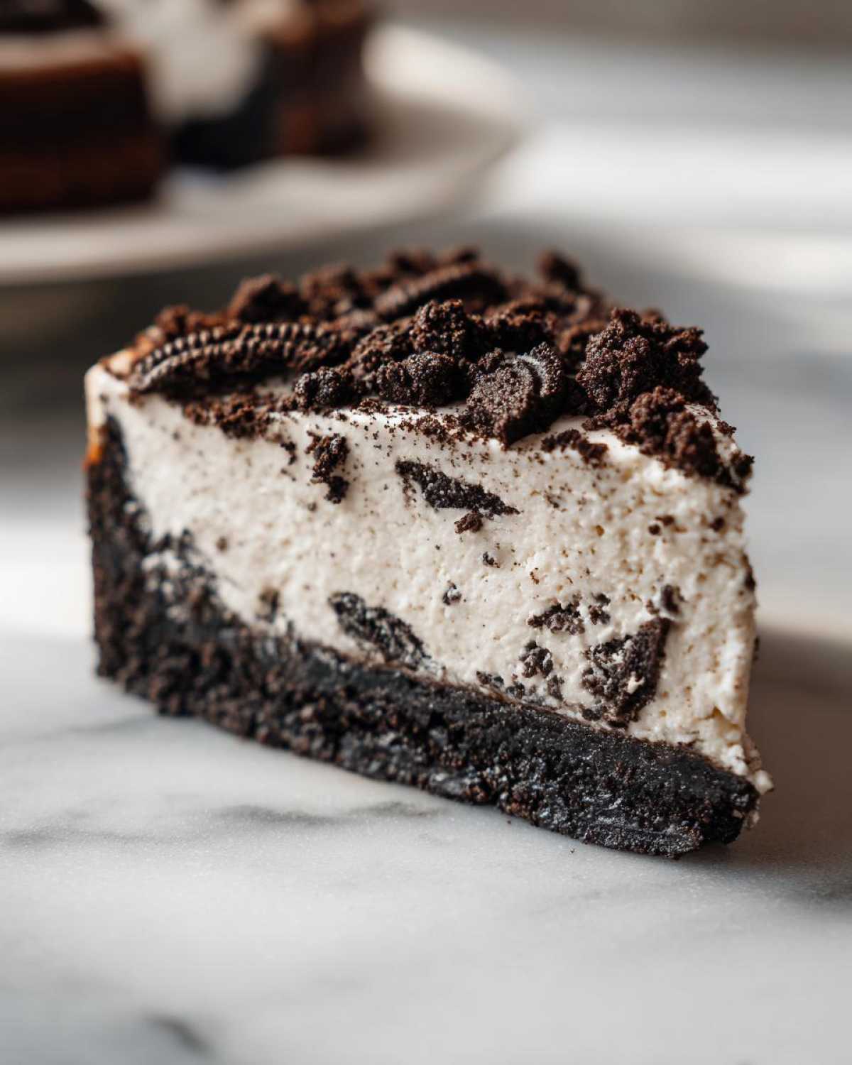 A perfect slice of No-Bake Oreo Cheesecake with a dark crust and creamy filling topped with cookie crumbs.