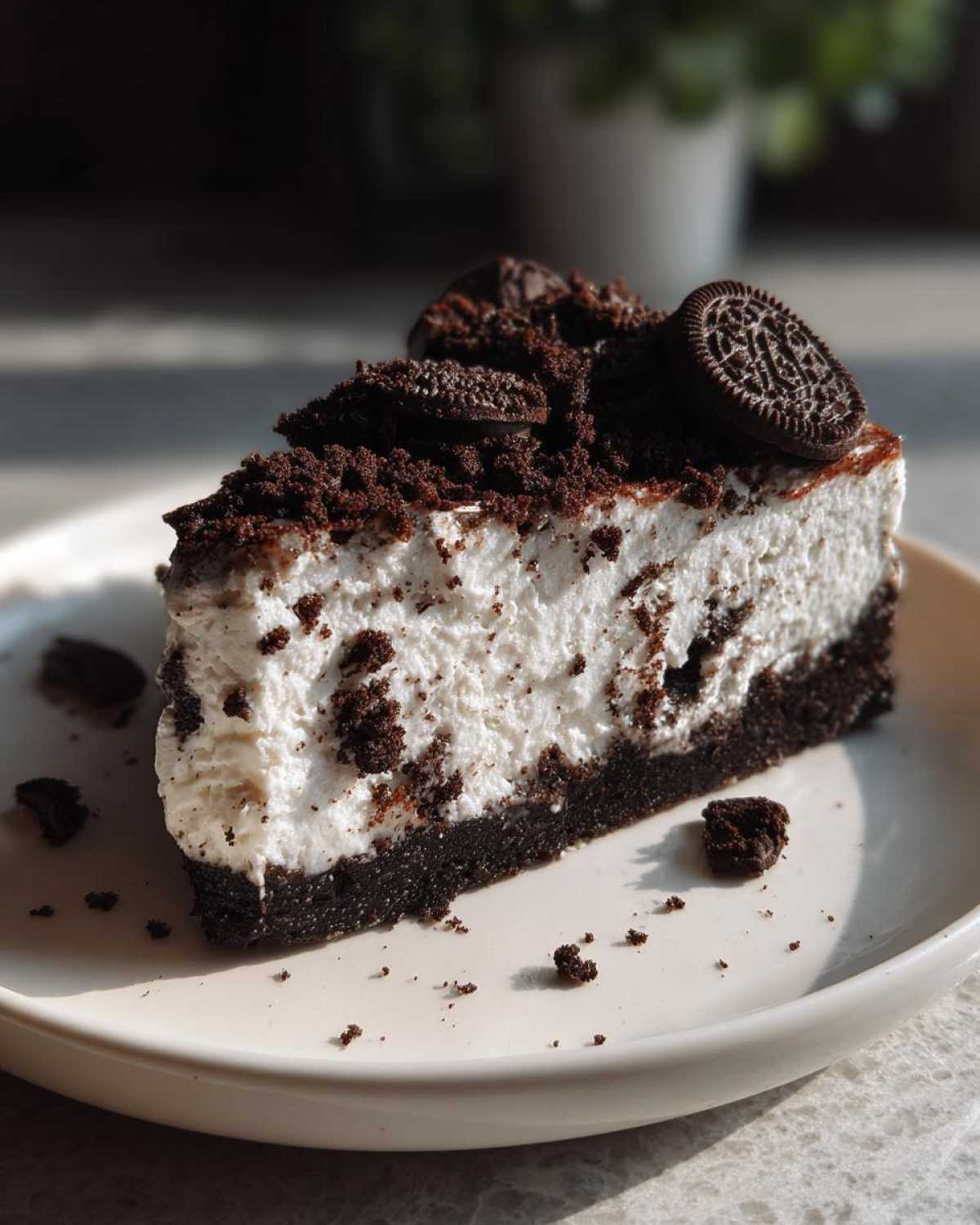 A perfect slice of No-Bake Oreo Cheesecake with a thick crust and creamy filling, topped with crushed and whole Oreos.