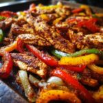 Close-up of seasoned chicken strips mixed with colorful bell peppers and onions for One-Pan Chicken Fajitas with Peppers and Onions.