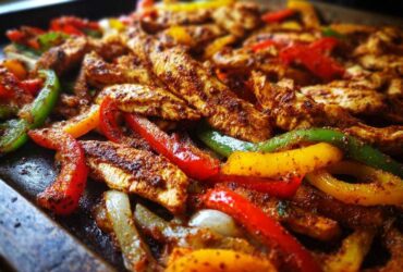 Close-up of seasoned chicken strips mixed with colorful bell peppers and onions for One-Pan Chicken Fajitas with Peppers and Onions.