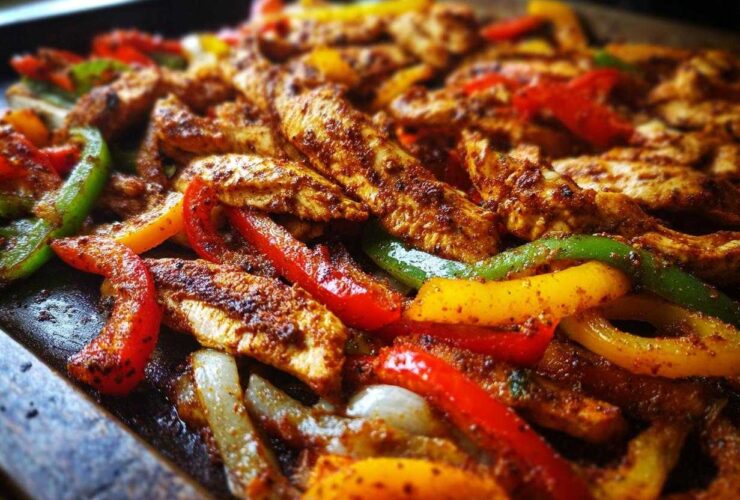 Close-up of seasoned chicken strips mixed with colorful bell peppers and onions for One-Pan Chicken Fajitas with Peppers and Onions.
