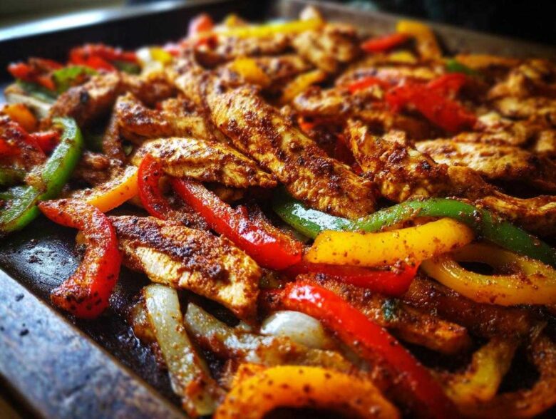 Close-up of seasoned chicken strips mixed with colorful bell peppers and onions for One-Pan Chicken Fajitas with Peppers and Onions.