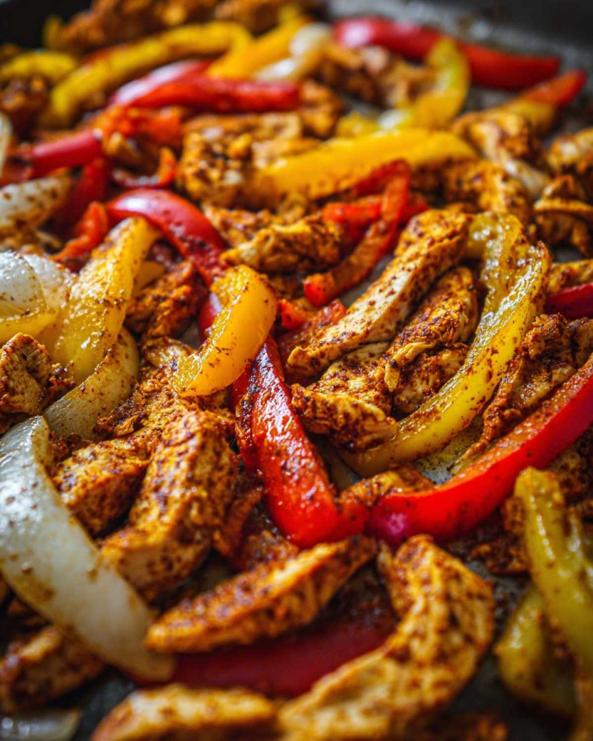 Close-up shot of seasoned chicken strips mixed with sliced red, yellow, and white onions for One-Pan Chicken Fajitas with Peppers and Onions.