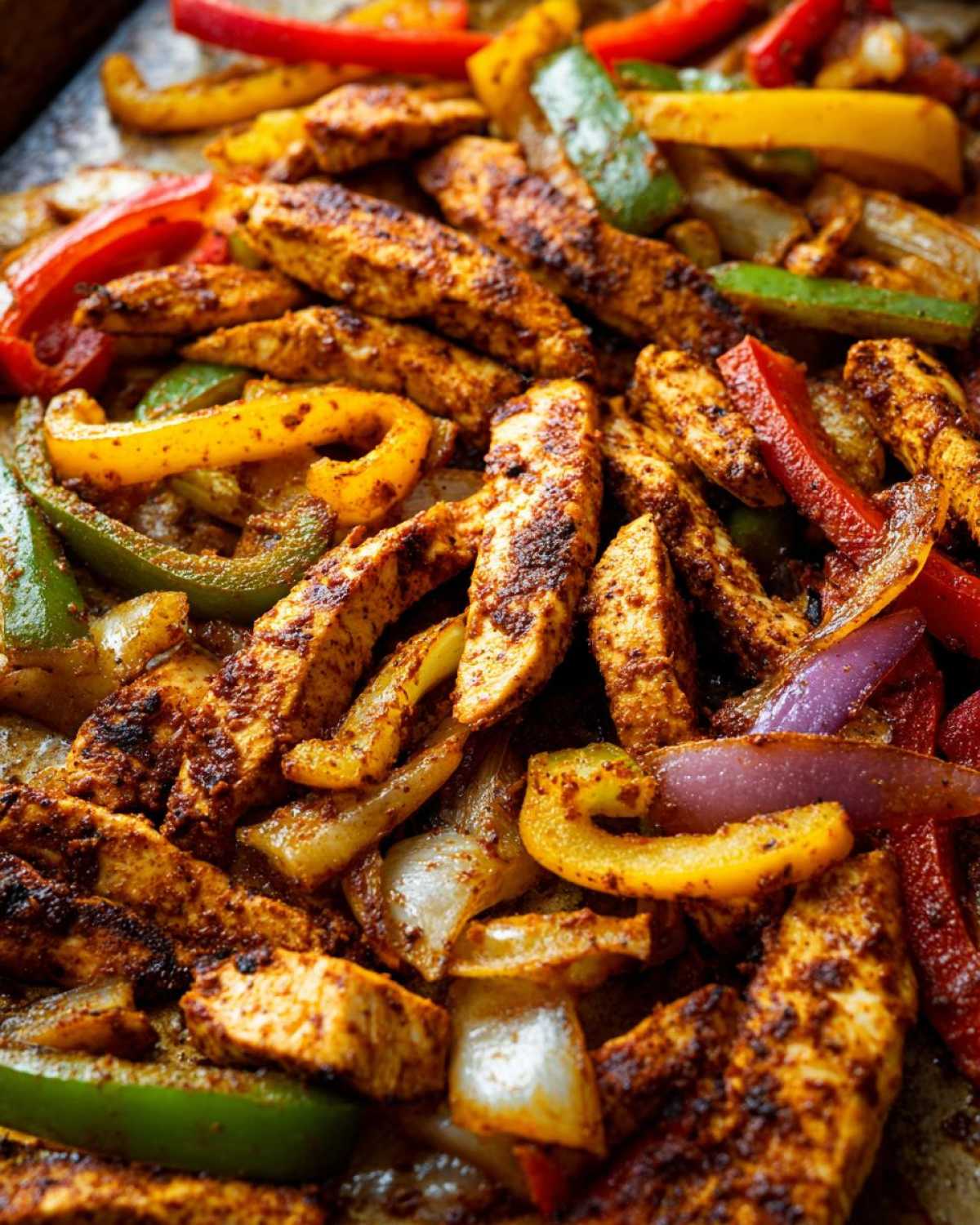 Close-up of seasoned chicken strips mixed with sautéed red, yellow, green peppers, and onions for One-Pan Chicken Fajitas.