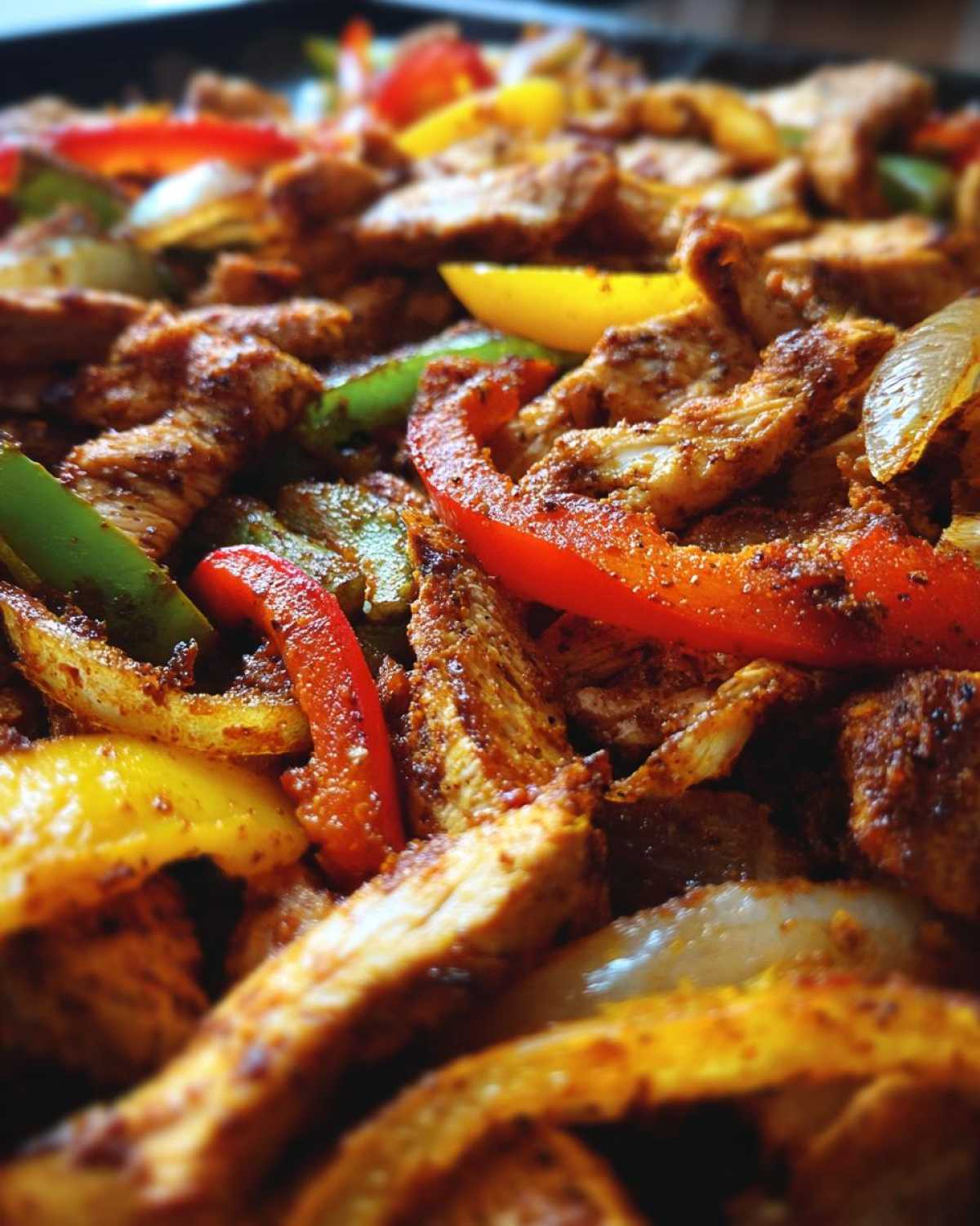 Close-up, vibrant image of seasoned chicken strips mixed with sliced red, yellow, and green peppers and onions for One-Pan Chicken Fajitas.
