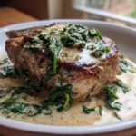 A thick, seared pork chop covered in creamy garlic sauce and wilted spinach, served in a white bowl.