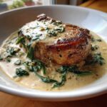 Close-up of a thick, seared pork chop smothered in creamy garlic sauce with wilted spinach, part of the One-Pan Creamy Garlic Pork Chops recipe.