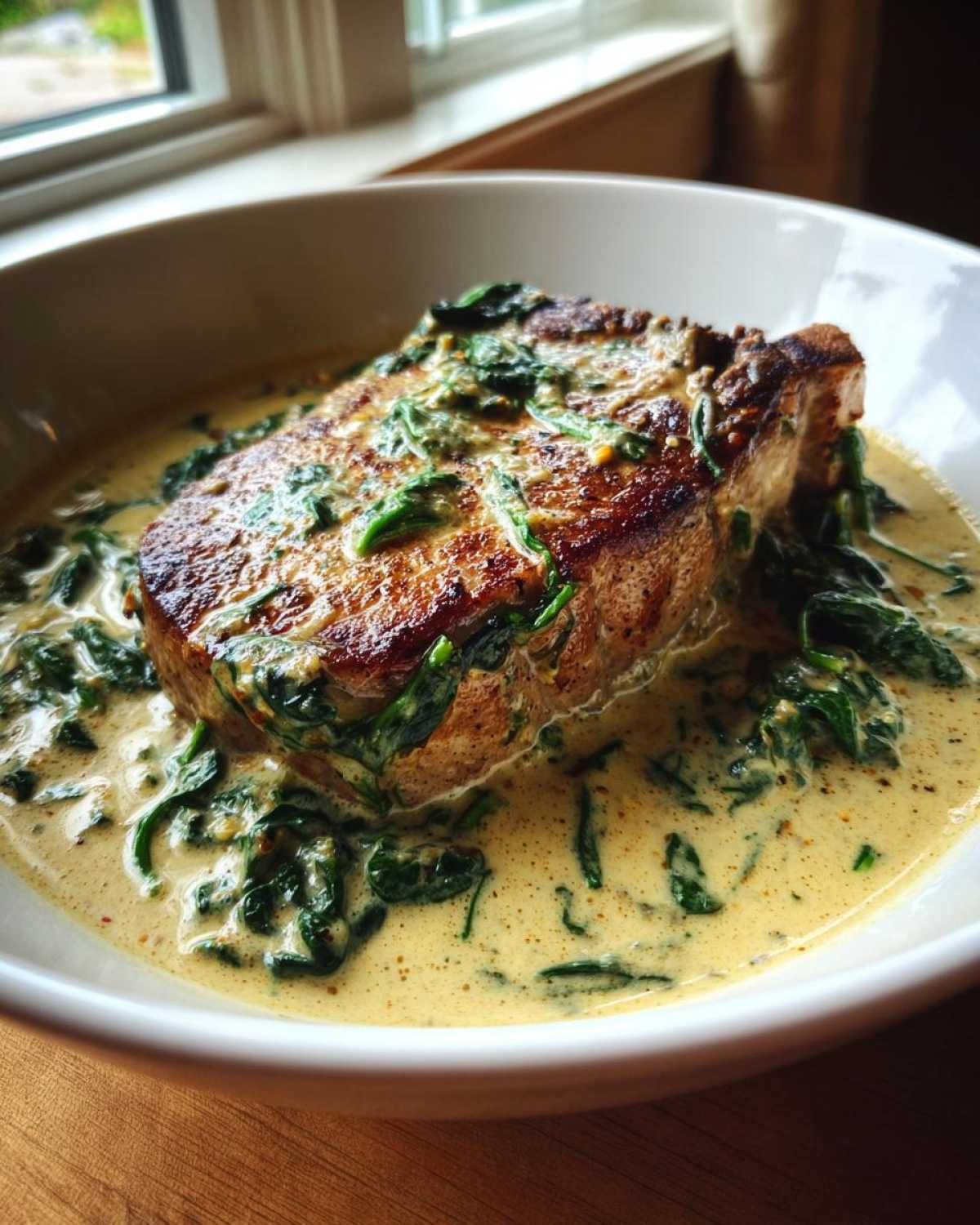 A perfectly seared pork chop served in a white bowl with creamy garlic sauce and wilted spinach, part of the One-Pan Creamy Garlic Pork Chops recipe.