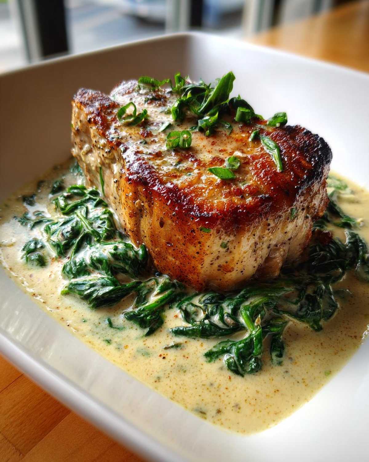 A perfectly seared pork chop served over wilted spinach in a creamy garlic sauce, garnished with fresh herbs.