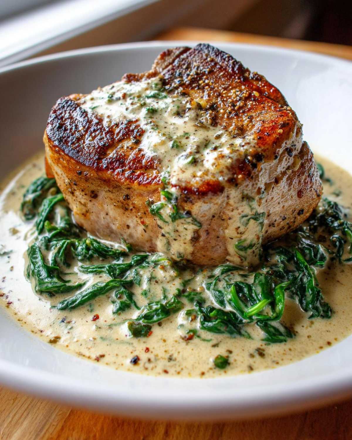 A perfectly seared pork chop smothered in creamy garlic sauce and served over wilted spinach, featuring One-Pan Creamy Garlic Pork Chops.