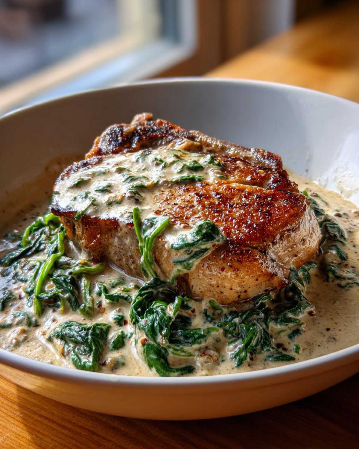 Seared pork chop smothered in creamy garlic sauce and wilted spinach, a perfect One-Pan Creamy Garlic Pork Chops dish.