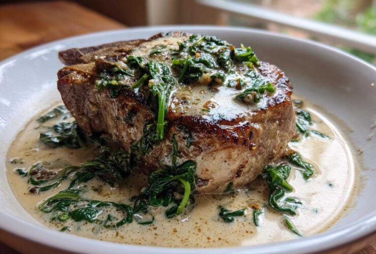 A thick, seared pork chop covered in creamy garlic sauce and wilted spinach, served in a white bowl.