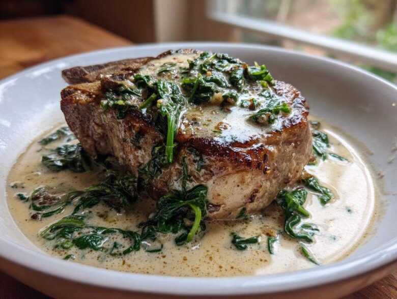 A thick, seared pork chop covered in creamy garlic sauce and wilted spinach, served in a white bowl.