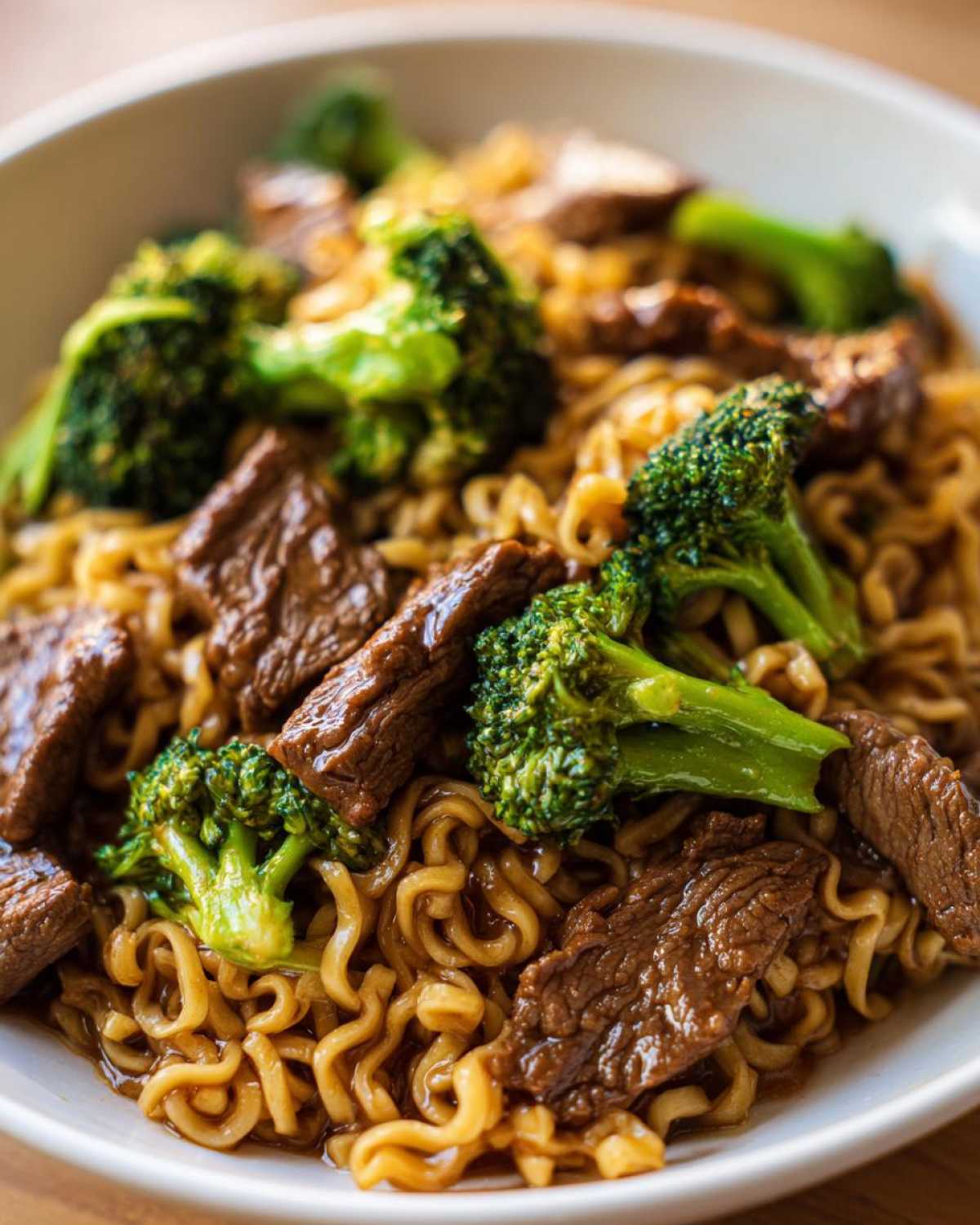 A close-up serving of One-Pot Beef and Broccoli Ramen Noodles, featuring tender beef slices and bright green broccoli florets mixed with savory sauce-coated ramen noodles.