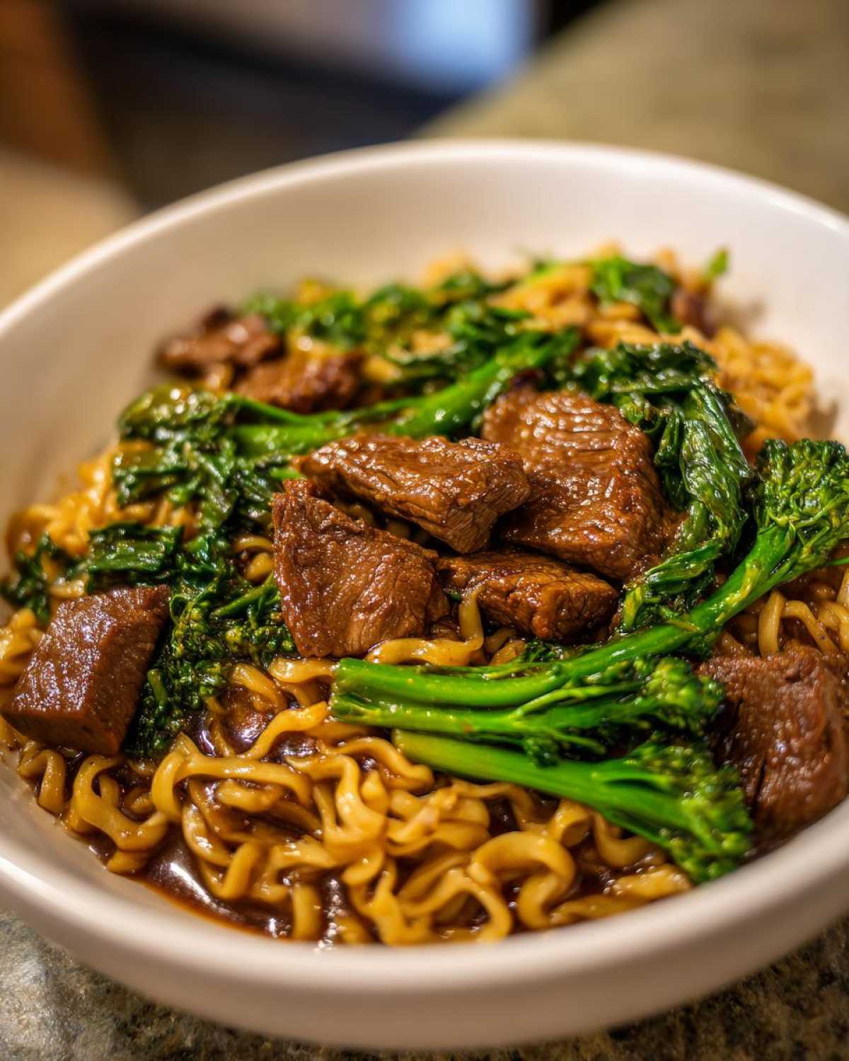 Close-up of savory One-Pot Beef and Broccoli Ramen Noodles in a white bowl.