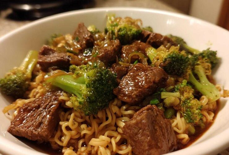 Close-up of a white bowl filled with One-Pot Beef and Broccoli Ramen Noodles, featuring savory beef chunks and bright green broccoli florets.