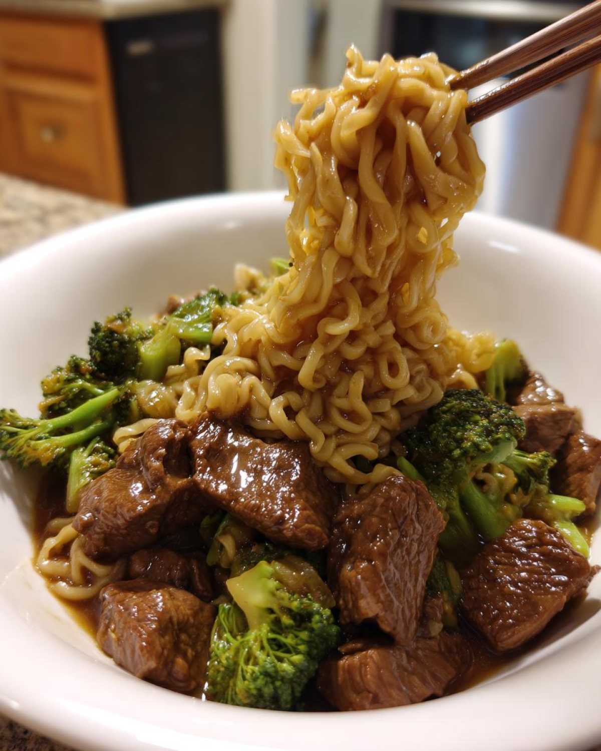 Chopsticks lifting a tangle of saucy noodles from a bowl of One-Pot Beef and Broccoli Ramen Noodles.